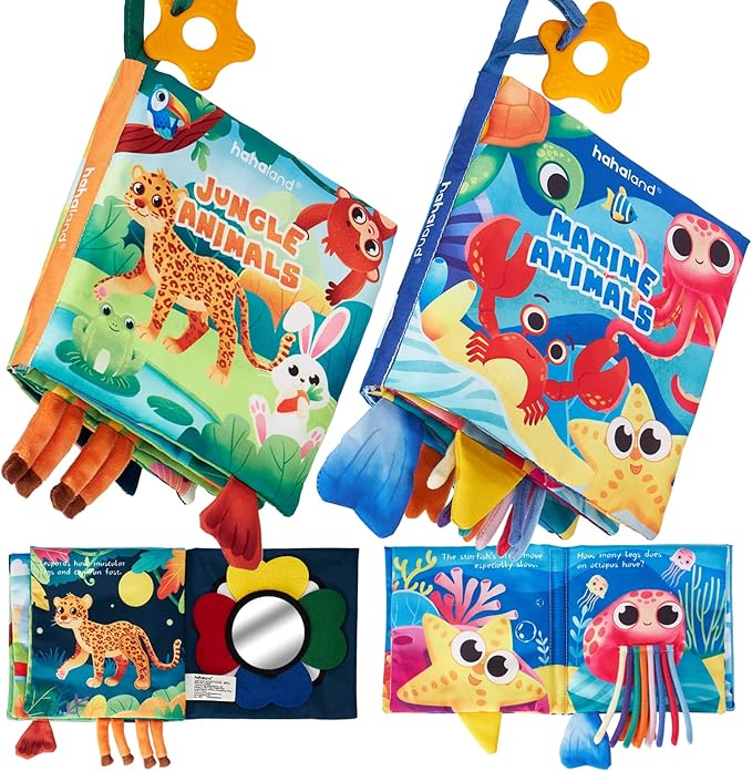 hahaland Baby Books 0-6 Months - 2 PCS Sensory Montessori Toys for Babies 0-6 Months with Crinkle Squeaky Sounds, Mirrors