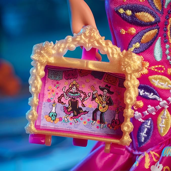 Barbie Signature Fashion Doll, 2023 Dia de Muertos Collectible Wearing Ruffled Pink Gown & Holding Tiny Ofrenda, Includes Doll Stand