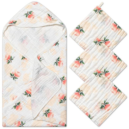Zainpe 4Pcs Muslin Baby Hooded Towel & Washcloth Set Flowers 31.5 x 31.5 in