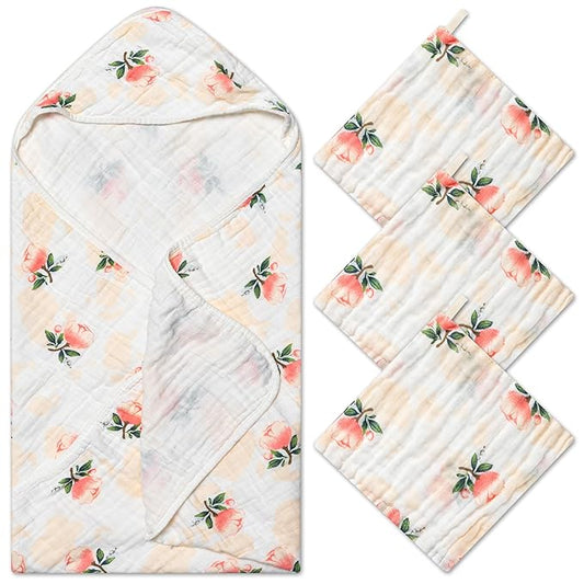 Zainpe 4Pcs Muslin Baby Hooded Towel & Washcloth Set Flowers 31.5 x 31.5 in