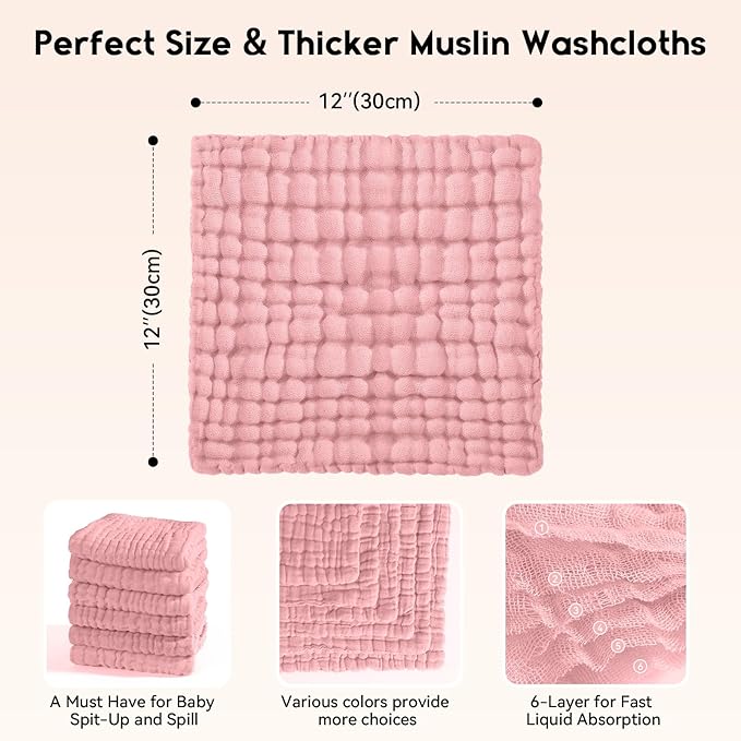 Muslin Baby Washcloths 6 Pack, 100% Cotton Wash Cloths for Babies, Large 12''X12'' Burp Cloths Absorbent and Soft for Newborn Infants Kids Boys Girls - Bean Paste