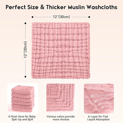 Muslin Baby Washcloths 6 Pack, 100% Cotton Wash Cloths for Babies, Large 12''X12'' Burp Cloths Absorbent and Soft for Newborn Infants Kids Boys Girls - Bean Paste
