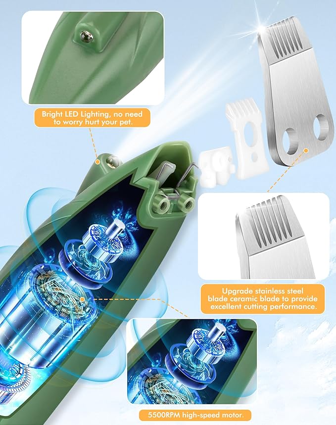 LEYOUFU Dog Clippers for Grooming, Cordless Dog Grooming Kit for Small Dogs with LED Light, Rechargeable Low Noise Cat Hair Trimmer for Grooming Pet Hair Around Paws, Eyes, Ears, Face, Rump (Green)