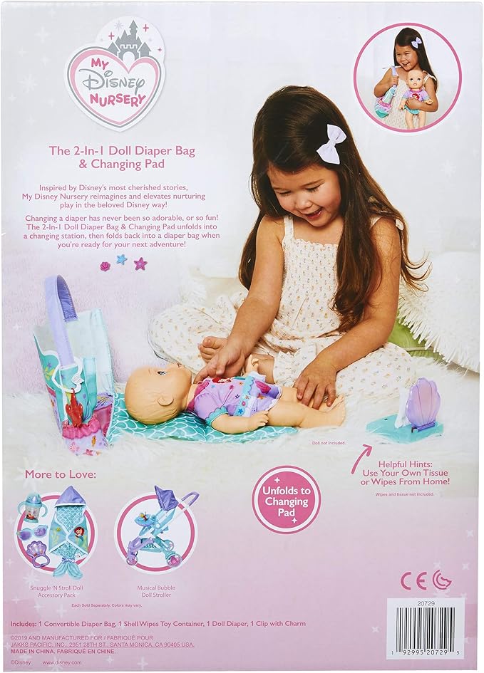 My Disney Nursery Baby Doll Accessories, Ariel Transforming 2-in-1 Diaper Bag & Changing Pad for Dolls Inspired by Disney The Little Mermaid! Pretend Wipes Toy Container