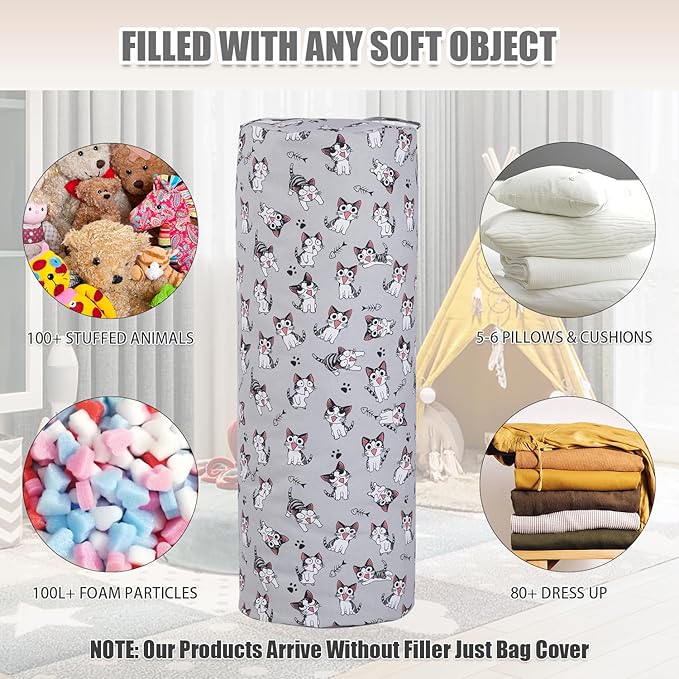 Stuffed Animal Storage Bean Bag Chair Cover (No Filler), Cylinder Plush Toy Storage Stuff and Sit Seat for Kids Boys and Girls, Canvas Large Soft Sit & Play Sofa with YKK Zipper
