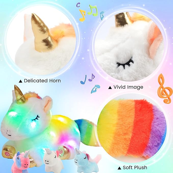 Hopearl LED Musical Stuffed Unicorn Playset Lighting Up Singing Plush Toy Mommy Unicorn with 3 Baby Unicorns in her Tummy Adjustable Volume Lullaby Animated Soothe Gifts for Kids Girls, White 19''