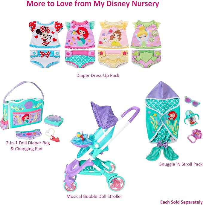 My Disney Nursery Baby Doll Accessories, Ariel Transforming 2-in-1 Diaper Bag & Changing Pad for Dolls Inspired by Disney The Little Mermaid! Pretend Wipes Toy Container