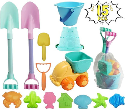 IOKUKI Long Shovels Sand Toys Set with Mesh Bag Including Dump Truck, Beach Buckets (15 PCS) 3+