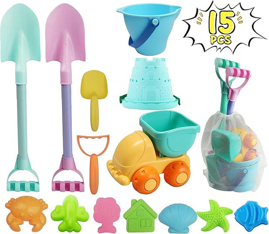 IOKUKI Long Shovels Sand Toys Set with Mesh Bag Including Dump Truck, Beach Buckets (15 PCS) 3+