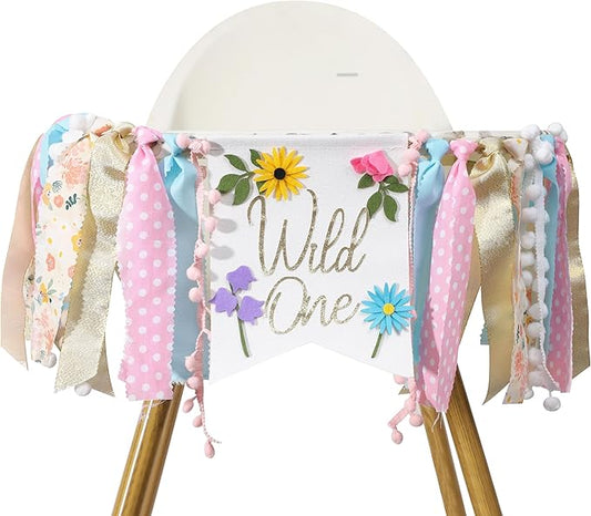 Wild flower High Chair Banner - Girls Wild One 1st Birthday Decoration, Floral Theme Highchair Banner