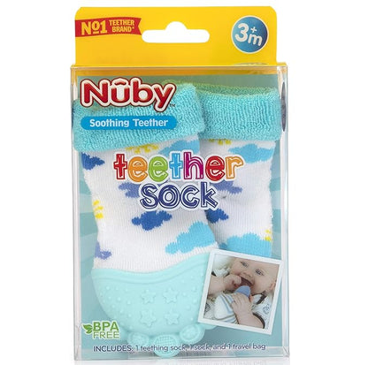 Nuby Soothing Teether Sock, Sky Blue Clouds 5"