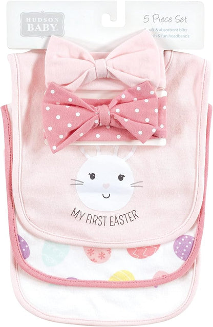 Hudson Baby Unisex BabyCotton Bib and Headband or Caps Set