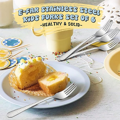 E-far Stainless Steel Kids Forks, 6-Piece Toddlers Forks Safe for Preschooler/Children, Hammered Adult look & Small Size, Rust Free & Dishwasher Safe