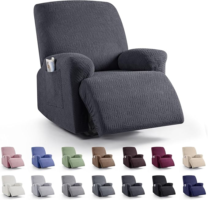 KinCam Recliner Covers, Stretch Reclining Chair Covers, Recliner Sofa Slipcovers Stripe Jacquard Recliner Couch Covers Furniture Protector Covers for Pet Kid (1 Seater, Charcoal Gray)