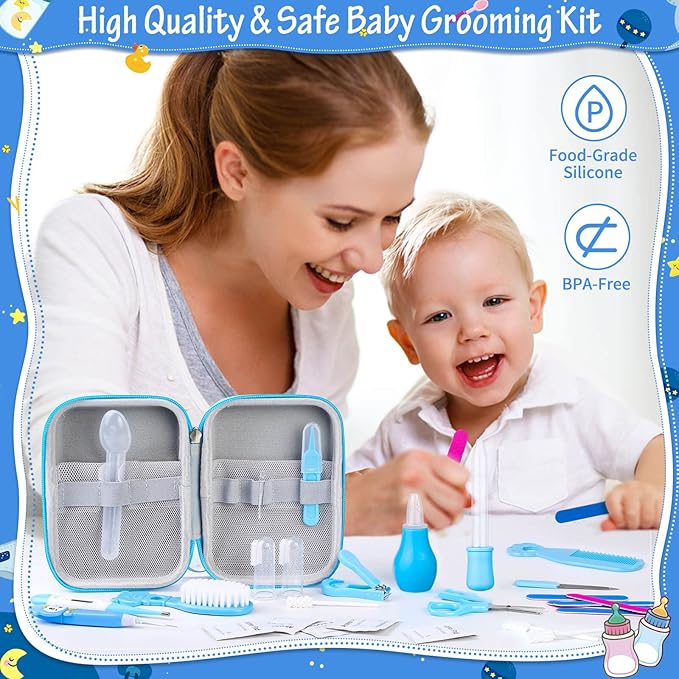 28Pcs Baby Healthcare and Grooming Kit modacraft Baby Safety Set with Hair Brush Lighting Ear Cleaner Nail Clippers Scale Measuring Spoon for Nursery Newborn Baby Girls Boys Kids Blue