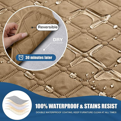 TAOCOCO 100% Waterproof Recliner Covers, Recliner Sofa Covers with Leg Straps, Reversible Recliner Couch Cover for Reclining Chair, Washable Couch Protector for Pets Kids(1 Seater 22", Camel)