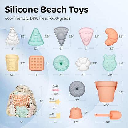 ISSEVE 23Pcs Beach Toys Set for Kids Toddlers Girls, Silicone Sand Toys Include Sand Bucket 12 Sand 3-12 (Peach)