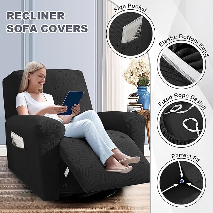 JIVINER Oversized Recliner Chair Covers, 3 Piece Slipcovers for Large Recliner Chair Soft Jacquard Reclining Chair Protector Slipcovers for Dogs,Cats (X-Large, Black)