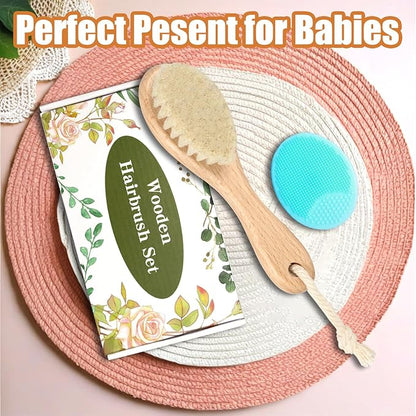 Wooden Soft Goat Bristles Brush with Baby Silicone Hair Scrubber Cradle Cap Brush for Newborns, Toddlers, Infant, Baby Hair Care Kit (Green)