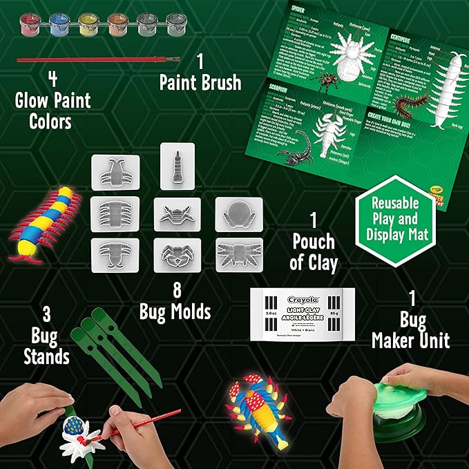 Crayola Glow in The Dark Critter Creator, Clay Bug Toy Kit for Kids, Fake Bug Molds, Includes Crayola Clay & Paint, Gift for Kids, Ages 7+
