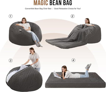 Homguava Corduroy Bean Bag Chair, Variable Shape from Bean Bag to Matress, Convertible Beanbag Chair for Home, Living Room(Grey, Queen)