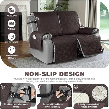 TAOCOCO 100% Waterproof Oversized Loveseat Recliner Cover, Non Slip Split Loveseat Covers for Reclining Loveseat with Elastic Straps for Kids Pets(Oversized 2 Seater, Coffee)
