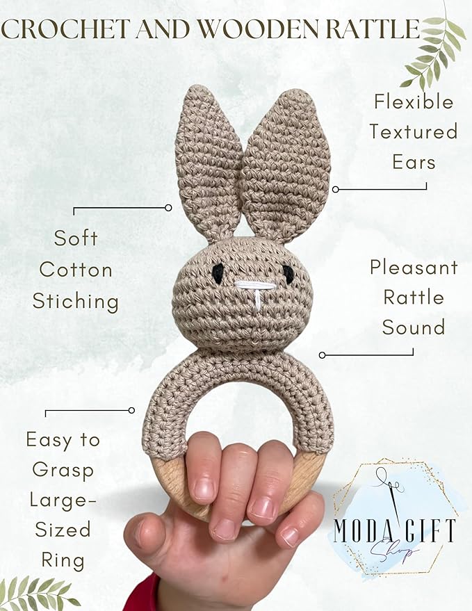 Baby Gift Rattle and Teether Toy Handmade Crochet, Safe and Non-Toxic Beechwood