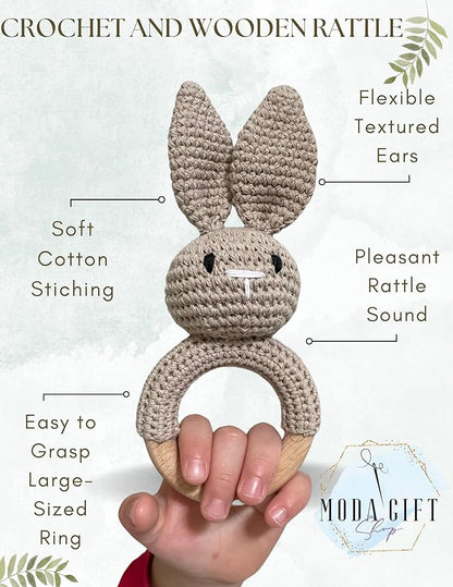 Baby Gift Rattle and Teether Toy Handmade Crochet, Safe and Non-Toxic Beechwood