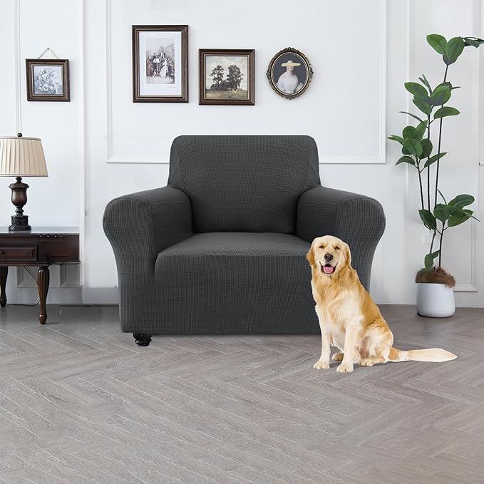 100% Waterproof Jacquard Fabric Couch Cover, Dual Layer with TPU Film, Leakproof High Elasticity Non-Slip Washable Furniture Protector for Pets, Dogs, Cats and Kids (Chair,Gray)