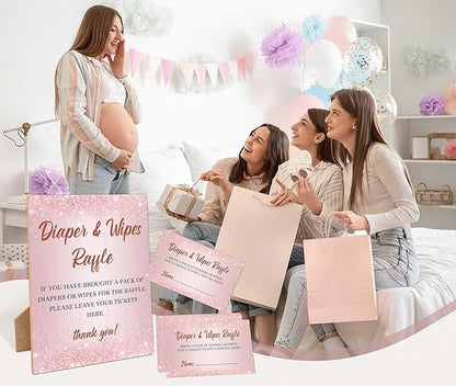 Diapers Wipes Raffle, Pink Diaper Raffle Tickets for Baby Shower 1 Wooden 50 Diaper