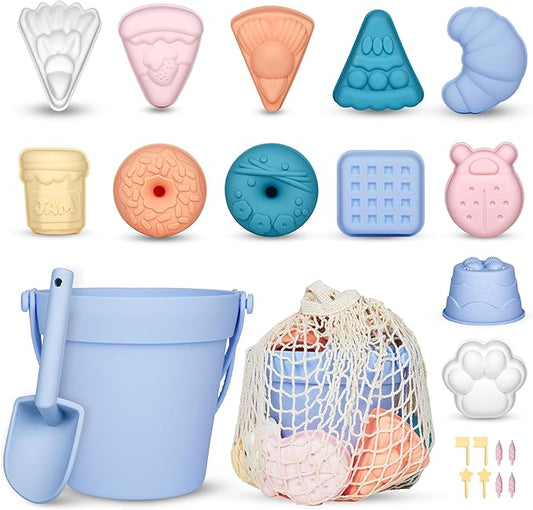 ISSEVE 23Pcs Beach Toys Set for Kids Toddlers Girls, Silicone Sand Toys Include Sand Bucket 12 Sand 3-12 (Blue