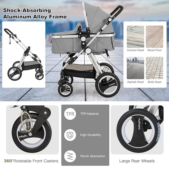 BABY JOY Baby Stroller, 2-in-1 Convertible Bassinet Reclining Stroller, Foldable Pram Carriage with 5-Point Harness, Including Cup Holder, Foot Cover, Diaper Bag, Aluminum Structure, Gray