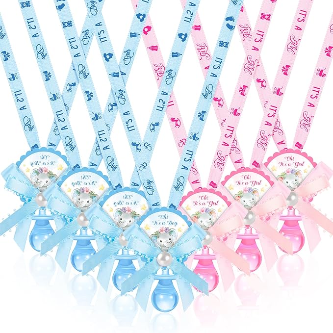 36 Pcs Baby Shower Pacifiers Necklace Girls Boys Elephant Acrylic Gender Reveal Baby Pacifiers for Baby Shower with Tags Decoration for Guests Gender Reveal Party Favors(Blue, Pink