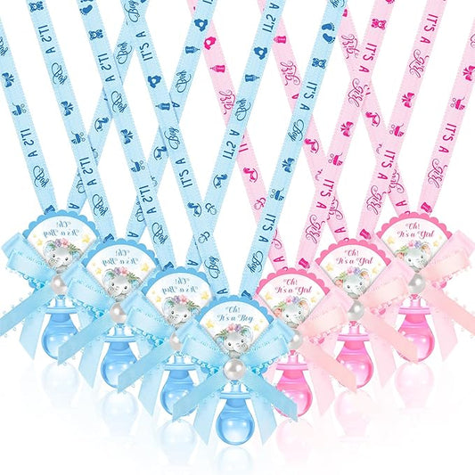 36 Pcs Baby Shower Pacifiers Necklace Girls Boys Elephant Acrylic Gender Reveal Baby Pacifiers for Baby Shower with Tags Decoration for Guests Gender Reveal Party Favors(Blue, Pink