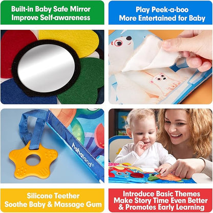 hahaland Baby Books 0-6 Months - 2 PCS Sensory Montessori Toys for Babies 0-6 Months with Crinkle Squeaky Sounds, Mirrors