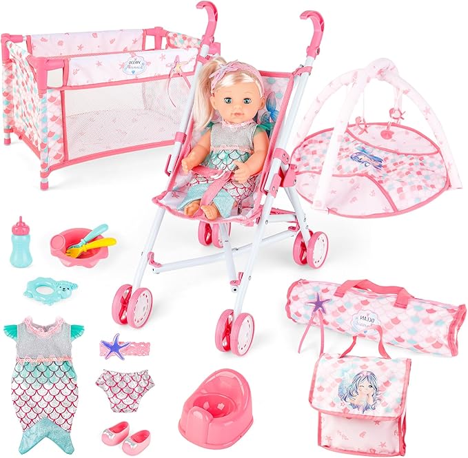 deAO Baby Doll Stroller Crib Bed Nursery Role Play Set Baby Doll Accessories and Play Mat,Travel Cot