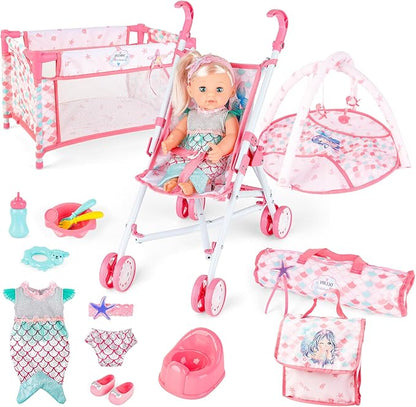 deAO Baby Doll Stroller Crib Bed Nursery Role Play Set Baby Doll Accessories and Play Mat,Travel Cot