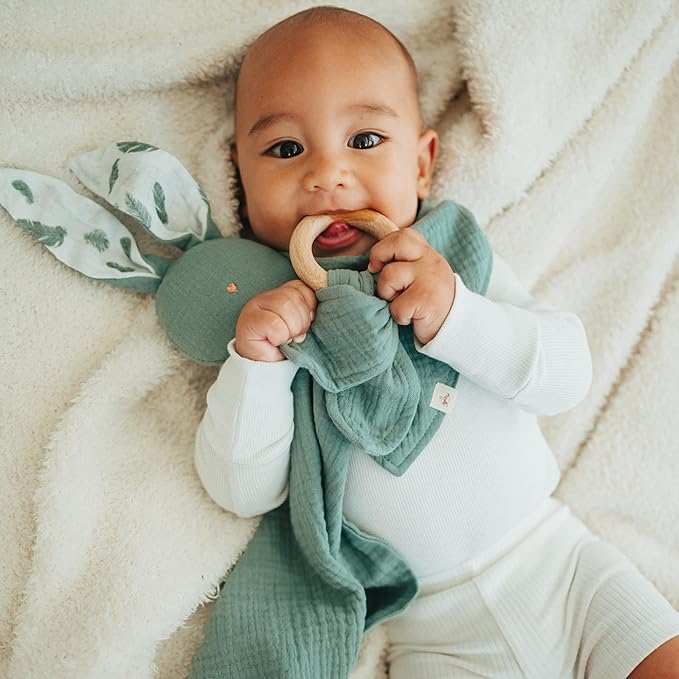 Mikito Organic Cotton Newborn Gifts Box, Baby Gifts Unisex incl. Muslin Baby Lovey Comforter + Baby Bandana Bib Drool + Wooden Baby Teether + Birth Announcement Sign