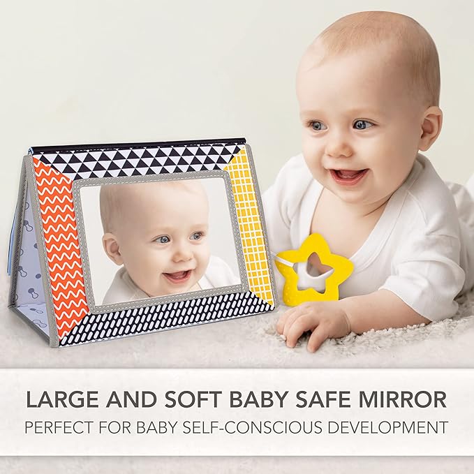 SYNARRY Tummy Time Mirror, Soft Book w/Large Stimulating Baby Safe Mirror 3D Activity 0 3 6 9