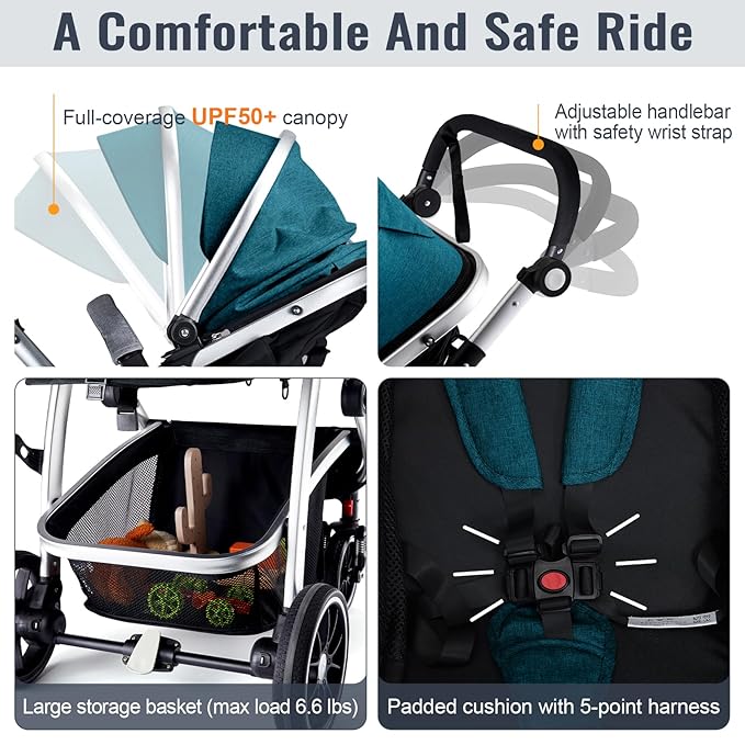 Baby Stroller, 2-in-1 Reversible Toddler Seat with Lie-Flat Mode, Foldable Infant Stroller with Canopy, One Button Brake, Adjustable Handle, Newborn Pushchair(Blue)