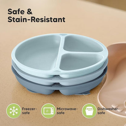 KeaBabies Suction Plates for Baby, Toddler - 3-Pack 100% Silicone Toddler Plates, Divided Baby Plates with Suction, Silicone Plates for Baby, Kids, BPA-Free, Microwave, Dishwasher Safe (Alps)