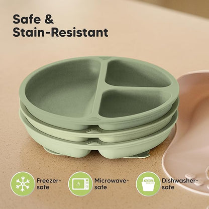 KeaBabies Suction Plates for Baby, Toddler - 3-Pack 100% Silicone Toddler Plates, Divided Baby Plates with Suction, Silicone Plates for Baby, Kids, BPA-Free, Microwave, Dishwasher Safe (Sage)