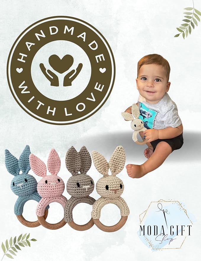 Baby Gift Rattle and Teether Toy Handmade Crochet, Safe and Non-Toxic Beechwood