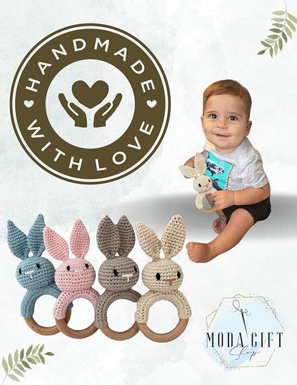 Baby Gift Rattle and Teether Toy Handmade Crochet, Safe and Non-Toxic Beechwood