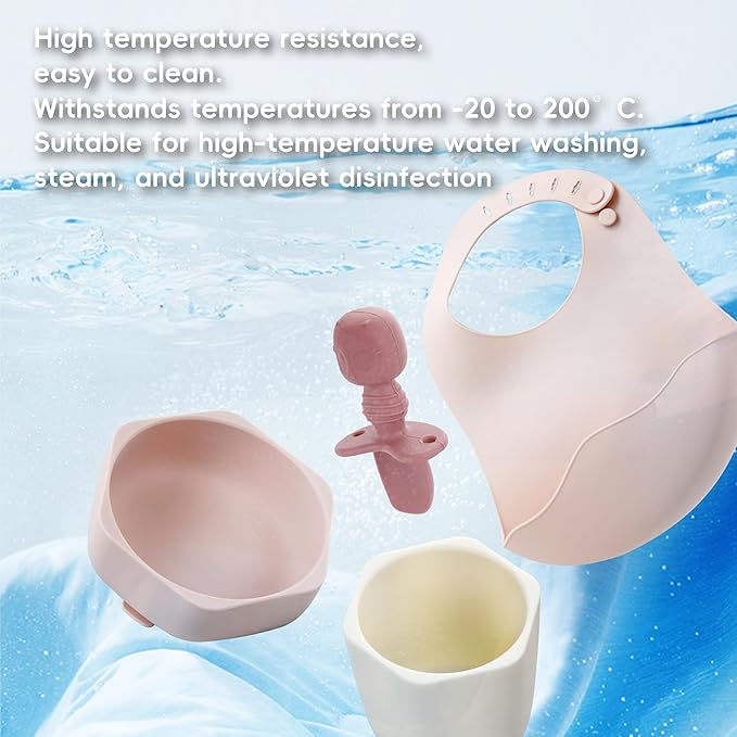 Silicone Baby Feeding Set,8 Pack Baby Weaning Sets Baby Led Weaning Supplies & Utensils Suction Plate and Bowl, Baby Cup with Straw, Bib, Feeder Spoons for 6+ Months (Pink)