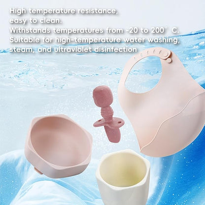 Silicone Baby Feeding Set,8 Pack Baby Weaning Sets Baby Led Weaning Supplies & Utensils Suction Plate and Bowl, Baby Cup with Straw, Bib, Feeder Spoons for 6+ Months (Pink)