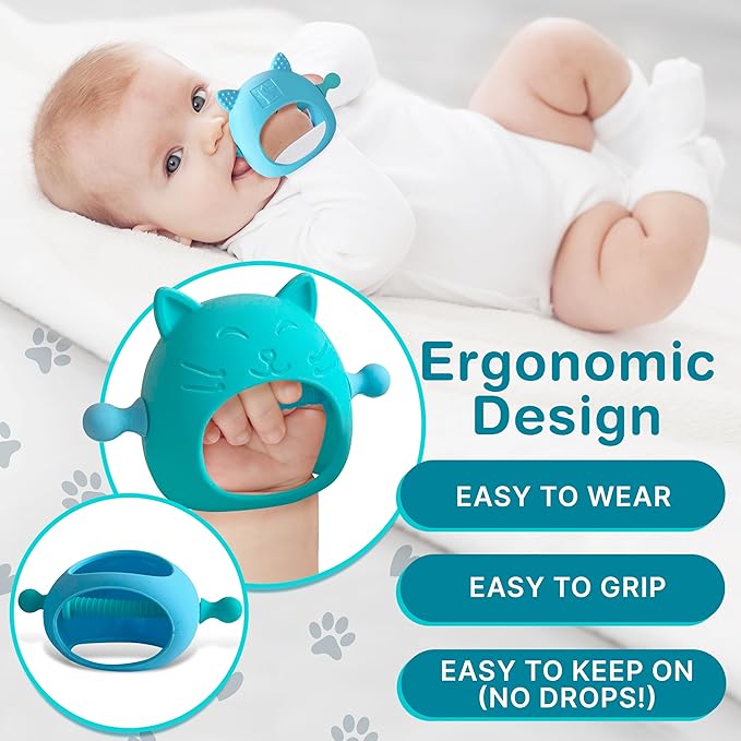 2 Pack, No Drop Silicone Teething Mitten 3-6 Months, 0-6 Months 3 Month