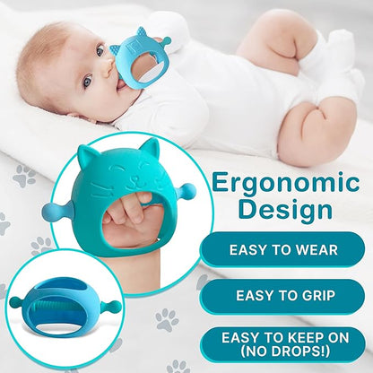 2 Pack, No Drop Silicone Teething Mitten 3-6 Months, 0-6 Months 3 Month