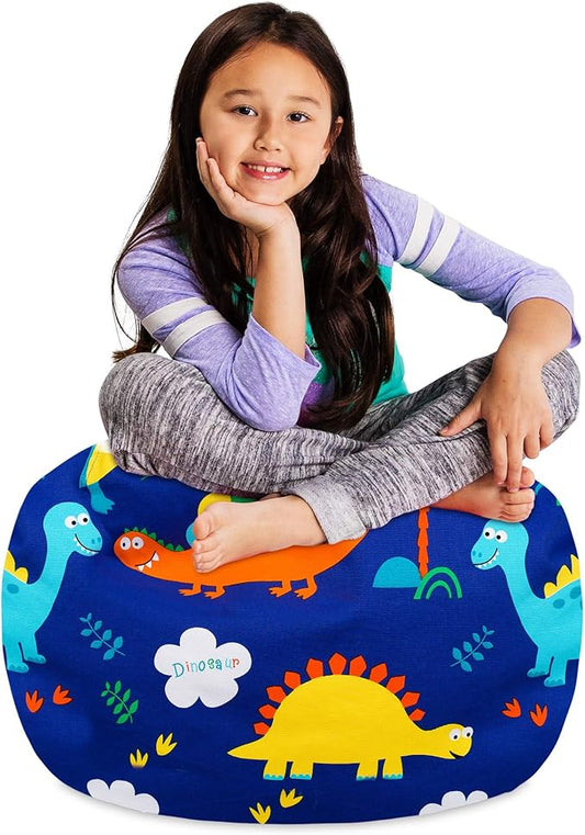Posh Stuffable Kids Stuffed Animal Storage Bean Bag Chair Cover - Childrens Toy Organizer, Medium-27 - Canvas Dinos on Blue