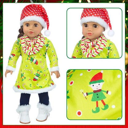 UNICORN ELEMENT 2 Sets Christmas Doll Clothes and Accessories Fit 18 Inch Girl Doll Christmas Santa Costume Including Christmas Dress, Sweater, Hairpin, Hat, Scarf, Boots, etc